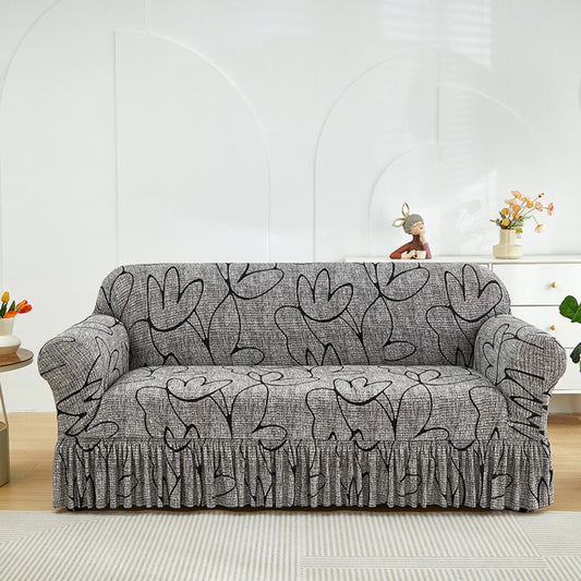 Printed Sofa Cover with Skirt Elastic Four Seasons Universal Furniture Protective Slipcover for Bedroom Office Living Room - 1 2 3 4 Seater Gray