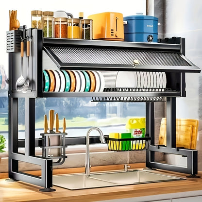 Dish Drying Rack Multi-Layer Kitchen Countertop Organizer - Dust-Free Drainer for Plates Bowls Utensils, Black Large Capacity Dish Rack