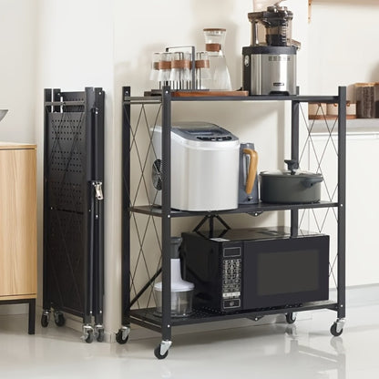 3 Tier Foldable Storage Rack with Wheels Heavy Duty Black Iron Shelving Unit for Garage Kitchen Pantry Utility Multi-Purpose Organizer