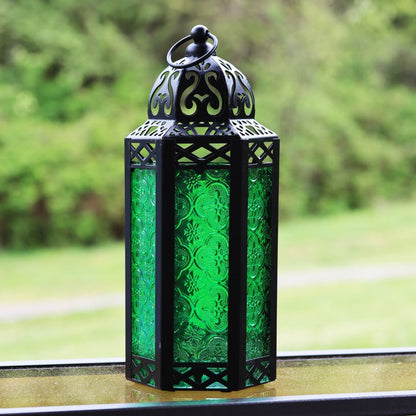 Moroccan Candle Lantern Holder - Decorative Metal & Glass Lantern with Embossed Floral Design for Indoor Home Decor, Garden, Patio, Weddings, Ramadan, Halloween & Holiday Celebrations - 10.5" Tall Medium Size