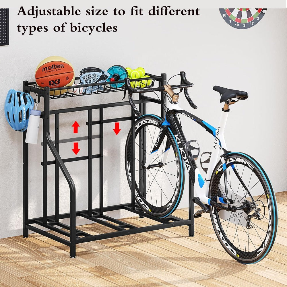 Freestanding Bike Storage Stand with Basket & Hooks – Adjustable Floor Rack for 3-4 Bikes, Indoor Outdoor Garage Organizer