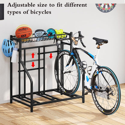 Freestanding Bike Storage Stand with Basket & Hooks – Adjustable Floor Rack for 3-4 Bikes, Indoor Outdoor Garage Organizer