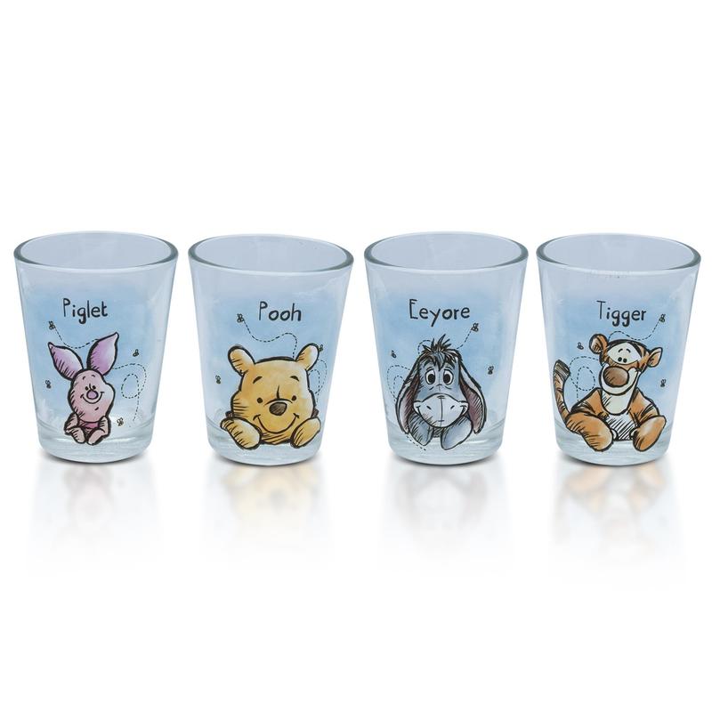 Winnie the Pooh Mini Shot Glasses Set of 4 – Disney Character 2oz Glass Cups Pooh Piglet Eeyore Tigger BPA-Free Dishwasher Safe Gift