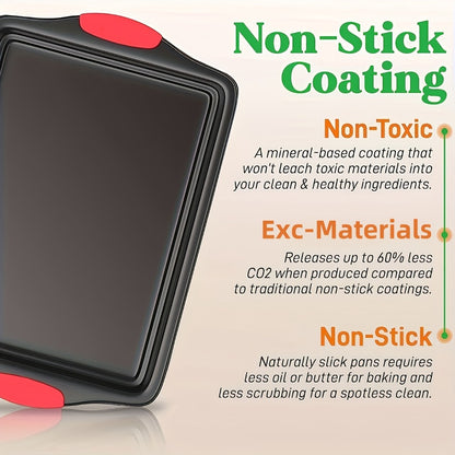 Carbon Steel Nonstick Baking Pan Set 3 or 9pcs Commercial Grade Restaurant Quality Nonstick Inside and Outside Oven Baking Pan with Red Silicone Handle Gray