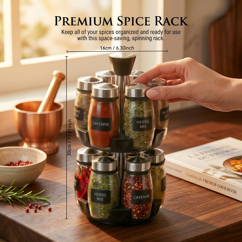 Glass Spice Jar Set with Rotating Rack – Airtight Kitchen Spice Organizer with 360° Stainless Steel Stand – Food Grade Glass Seasoning Bottles for Pantry, Cabinet & Countertop Storage – 6 or 12 Piece