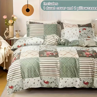 Floral Duvet Cover Set 3 Piece - Zipper Closure Patchwork Comforter Cover with 2 Pillowcases, All-Season Lightweight Kids Bedding Set, Pastoral Flower Plaid Print, Twin Full Queen King