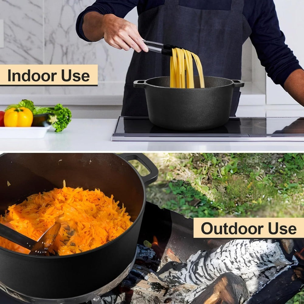 Cast Iron Dutch Oven 5 Quart Pre-Seasoned with Skillet Lid | 2-in-1 Non-Stick Crock Pot with Handles for Braising, Roasting & Casserole – All-in-One Cookware, Black