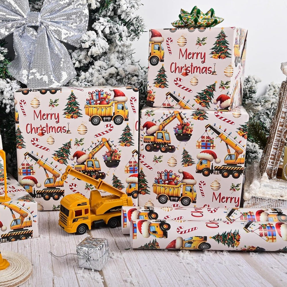 Christmas Wrapping Paper Construction Vehicles - Dump Trucks Excavators Tractors Gift Wrap for Boys Girls, 58"x23" Roll (28.5 Sq Ft)