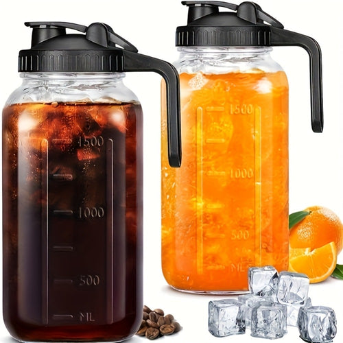 64oz Mason Jar with Handle and Lid 2/3 Pack – BPA-Free Borosilicate Glass Beverage Carafe, Leak-Proof Drinking Jar for Juice, Water, Iced Tea