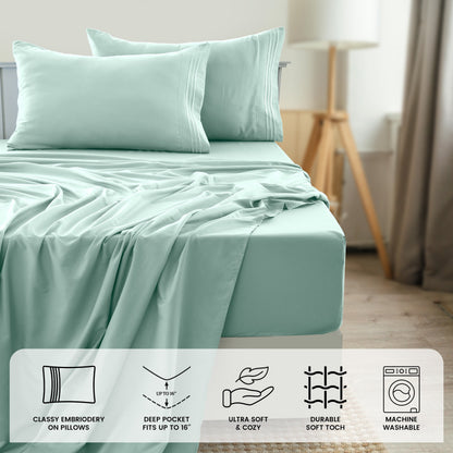 Fitted Sheet Set 6-Piece Brushed Polyester Deep Pocket Bed Sheets 20 Colors Hotel Luxury Soft Bedding with Embroidered Pillowcases
