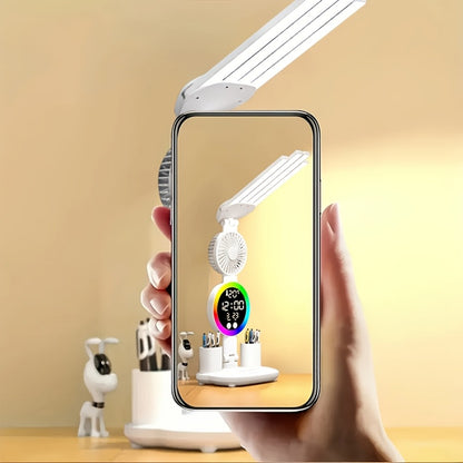 LED Desk Lamp with Built-in Fan & Touch Control | Dual Head Adjustable | USB Charging | 3 Color Modes Dimmable | Smart Display Clock | Eye-Caring Reading Lamp for Home Office Dorm Study