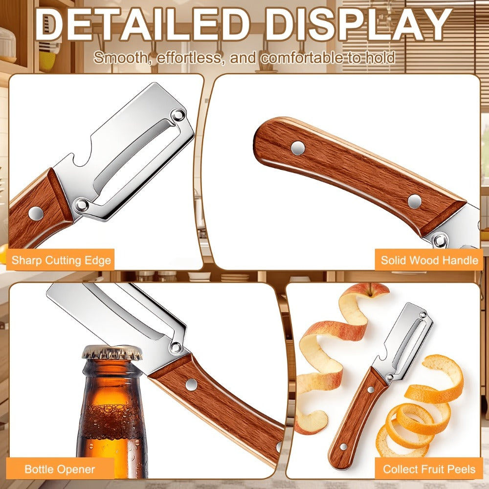 Stainless Steel Vegetable Peeler Set 2pcs – Multi-functional Kitchen Peeler with Scallion Cutter, Straight Blade, Wooden Handle & Bottle Opener