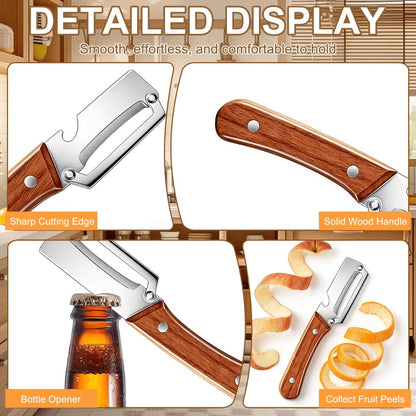 Stainless Steel Vegetable Peeler Set 2pcs – Multi-functional Kitchen Peeler with Scallion Cutter, Straight Blade, Wooden Handle & Bottle Opener