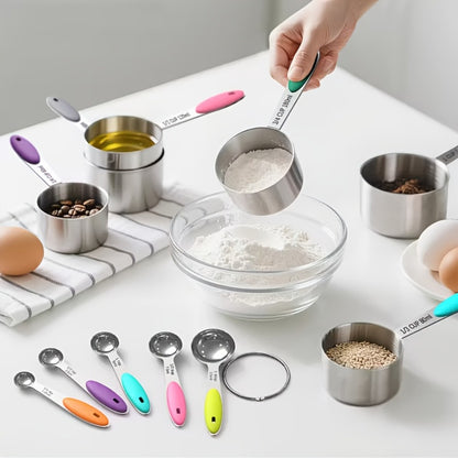 Measuring Cups and Spoons Set 10-Piece Stainless Steel with Silicone Handle – Precise Baking & Cooking Measurement Tools | Dishwasher Safe | Christmas Kitchen Gift