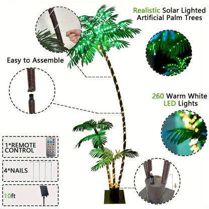 Lighted Artificial Palm Tree Solar Powered 7FT with 3 Trunks & 260 LED Lights, 8 Lighting Modes 2600mAh Battery, Outdoor Indoor Fake Palm Tree Decor for Tiki Bar Patio Yard Pool Beach Party