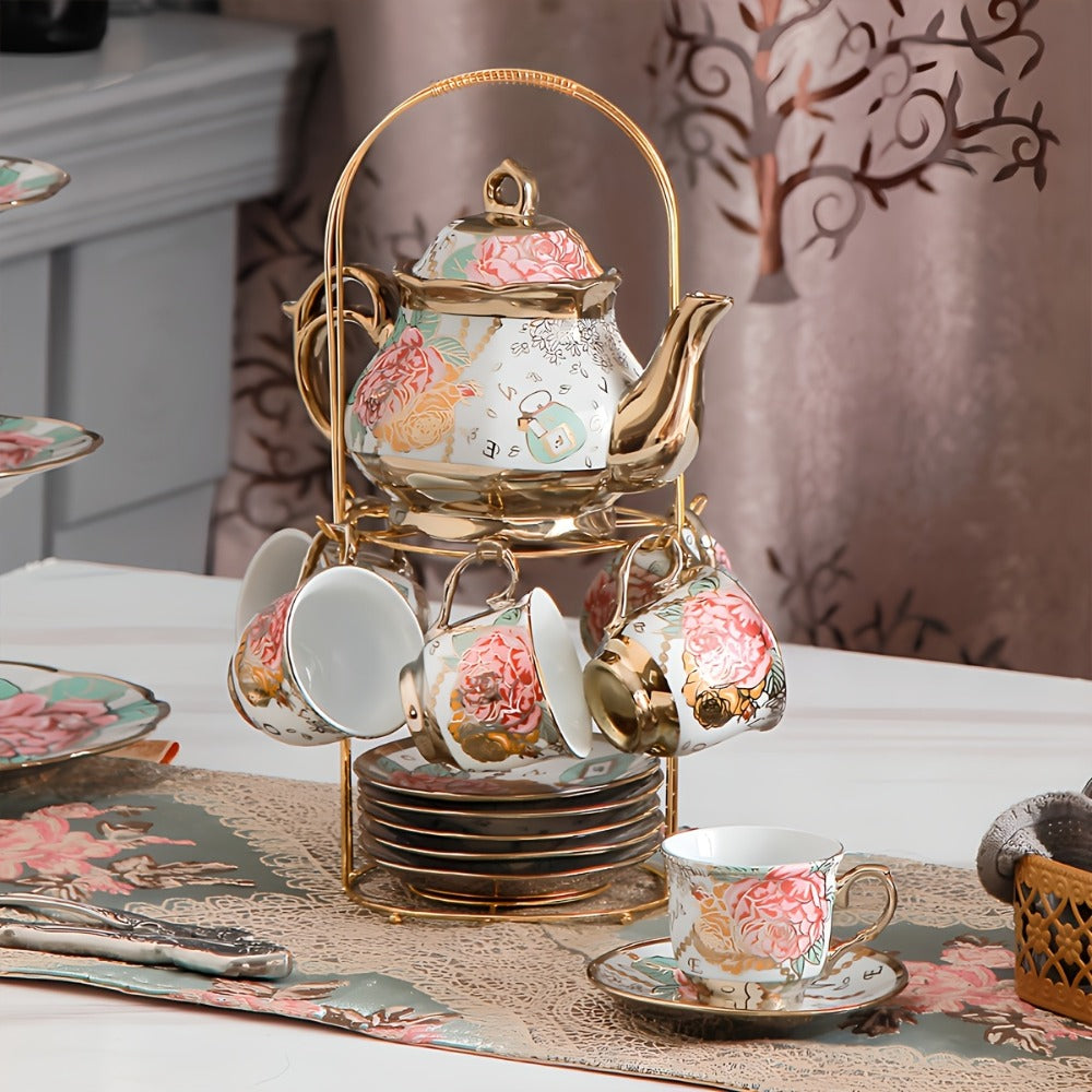 20-Piece Floral Ceramic Tea Set with Saucers & Metal Stand | European Afternoon Tea Service, Blooming Design, Complete Tea Accessories, Gift for Tea Lovers