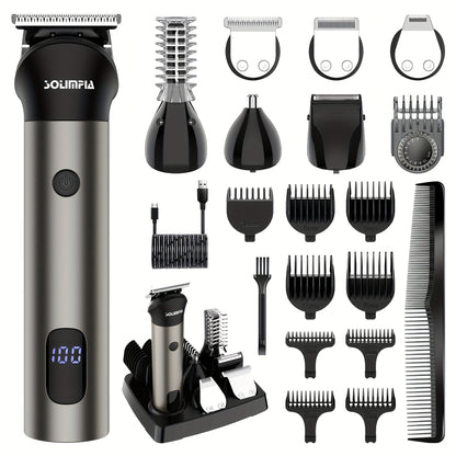 7-in-1 Hair Clipper Grooming Kit for Men Professional Cordless Barber Trimmer Set Beard Nose Body Hair USB Rechargeable 9 Guide Combs Self-Sharpening Blade Home Barber Kit Black