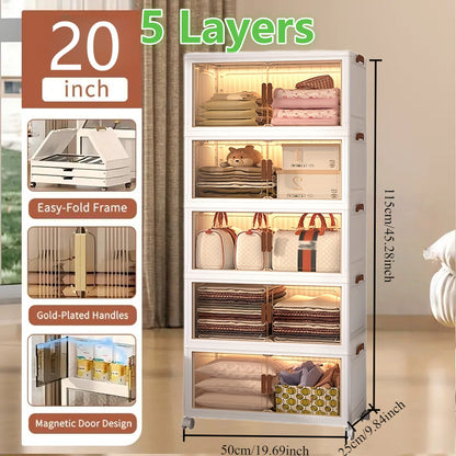 Folding Storage Cabinet 1-6 Tier Collapsible Stackable Organizer with Wheels and Lids - Extra Large Foldable Storage Locker for Closet Bedroom Office Kitchen 50CM Wide
