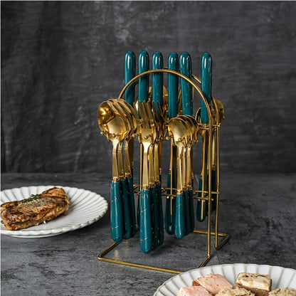 Marble Pattern Cutlery Set 24pcs - Dinner Forks Soup Spoons Teaspoons for Home Hotel Restaurant