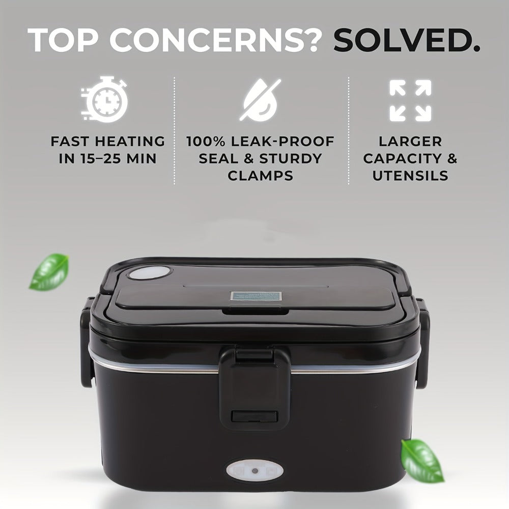 Electric Lunch Box Portable Food Warmer 60oz – 110V Home & 12V/24V Car Heated Meal Container, Stainless Steel, Leak-Proof with Insulated Bag & Fork for Office, Truck, Travel & Camping