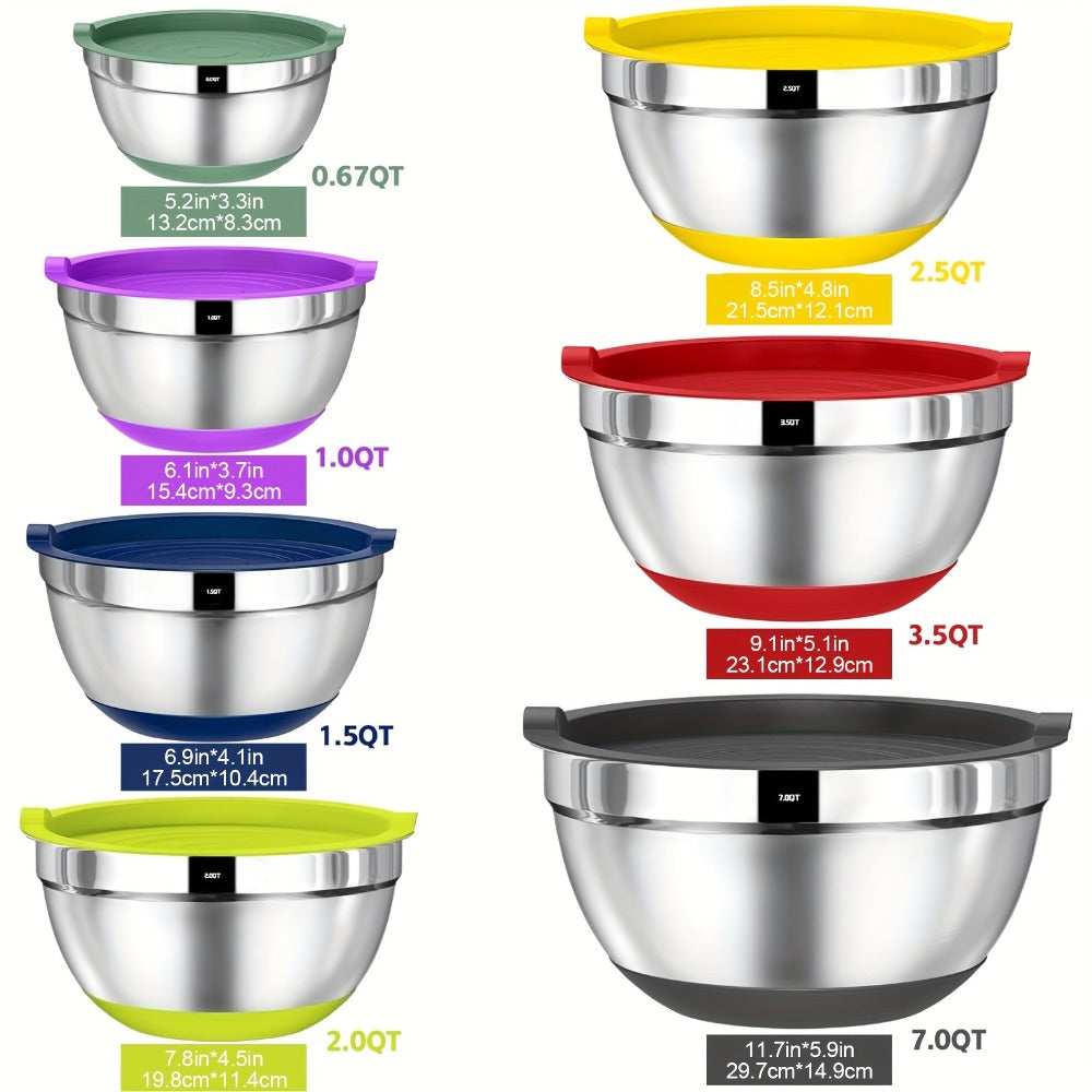 Stainless Steel Mixing Bowls with Airtight Lids 20-Piece Set – Non-Slip Silicone Bottom, Nesting Bowls in 7 Sizes (0.67–7 QT) for Mixing, Baking & Serving – Kitchen Bowl Set with Lids