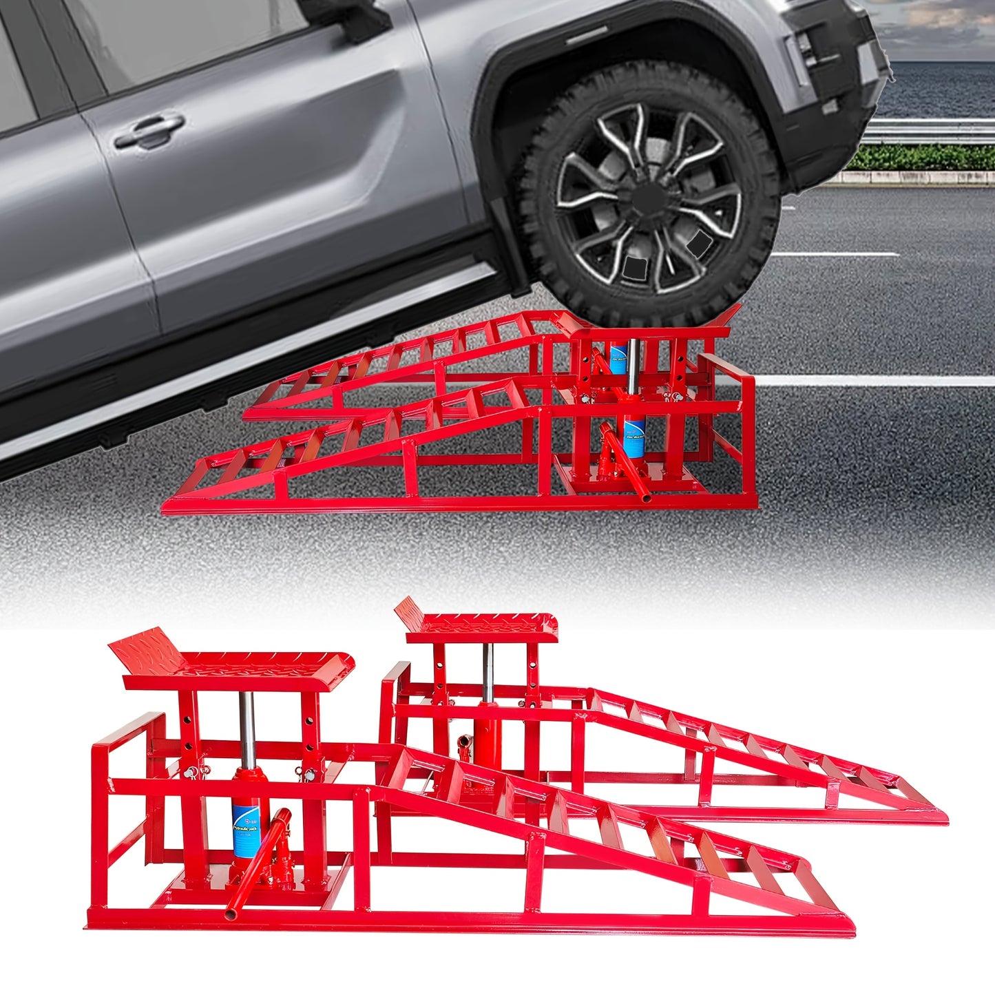 Hydraulic Car Ramps 2-Pack 5T 11050 Lbs High Lift Vehicle Wheel Ramps for Oil Change Tire Service with Supporting Crane Foot Pedal Portable DIY Auto Shop Truck SUV