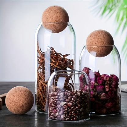 Glass Storage Jars with Cork Lid Set of 3 | 17oz 500ml Airtight Glass Containers with Spherical Cork Stopper | Kitchen Organizer for Tea Nuts Candy Spices Dried Flowers