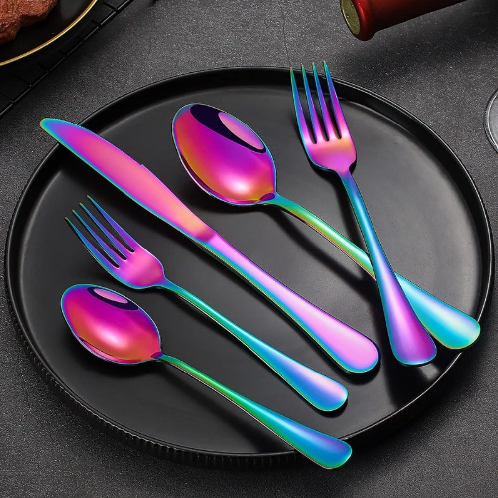 Flatware Set for 12, 60-Piece 304 Stainless Steel Cutlery Set with Mirror Polish & Titanium Plated Finish — Dishwasher Safe Silverware with Knife, Fork & Spoon | Silver, Gold & Rainbow