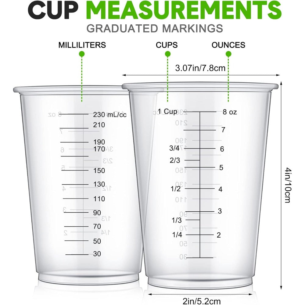 Plastic Measuring Cups with Wooden Sticks 100 Sets Clear Graduated Mixing Cups oz/ml/cc for Resin, Cooking, Baking & Epoxy – Disposable Paint Mixing Cups