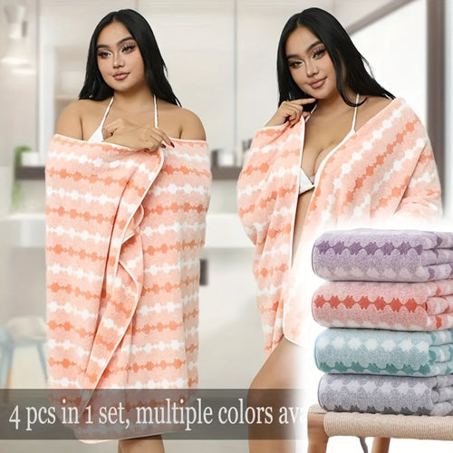 Extra Large Bath Towel Set 4 Piece for Women - 300GSM Ultra Soft Quick Dry Absorbent Solid Color Hand Towels | Orange Green Blue Purple Pink | Spa Yoga Fitness Gym Bathroom Gift