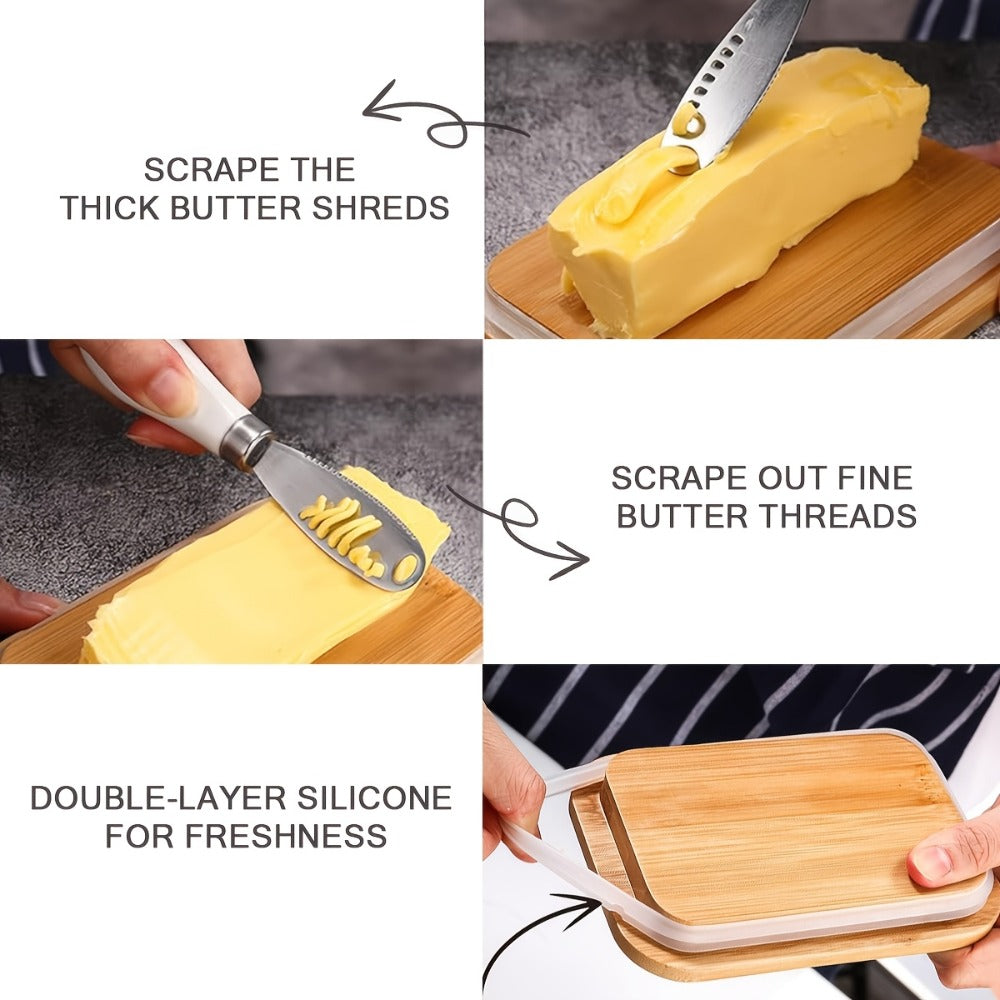 Butter Dish with Bamboo Lid & Knife, Iron Airtight Butter Keeper & Cheese Storage Box — Large Capacity Kitchen Counter Butter Container | Holiday Gift | Black, Gray, Green