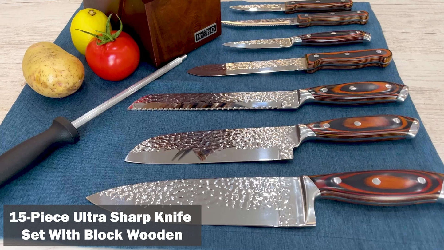 Kitchen Knife Set 15-Piece & 20-Piece Professional Chef Knives with Block Sharpener Ultra-Sharp Medium Carbon Stainless Steel Hammered Blade Wooden Handle Dishwasher Safe Gift for Men & Family