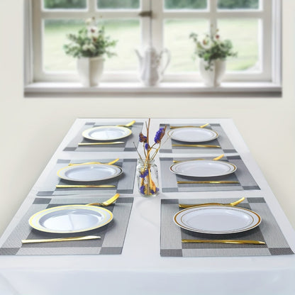 PVC Placemats Set of 6 Heat Resistant Non-Slip Washable Table Mats for Kitchen Dining Table, Easy Clean Vinyl Dinner Mats 11.8x17.7 Inch (Golden, Brown, Silver)