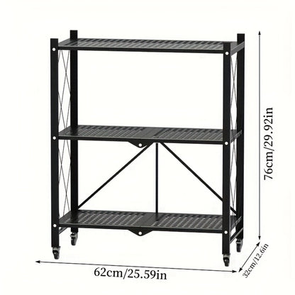 Heavy Duty Storage Rack with Wheels 3-Layer Foldable Metal Shelving Unit 750 LBS Capacity, Rolling Utility Cart for Garage Kitchen Pantry Closet, Movable Black Metal Storage Shelf