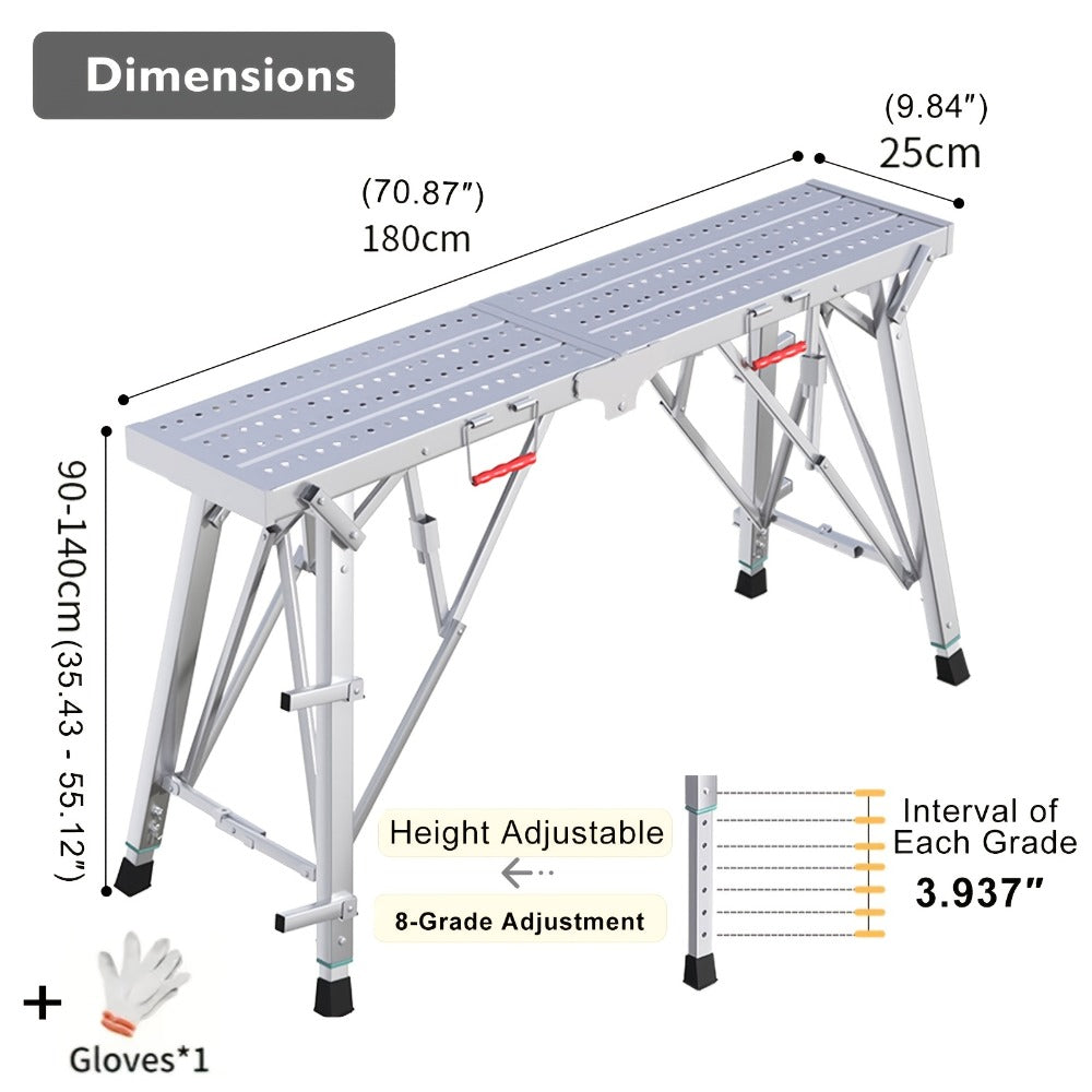Adjustable Folding Scaffolding Work Platform 800 lbs, Portable Drywall Bench Step Ladder with Anti-Slip Feet & Safety Lock, Height 31.5"-49.2", for Painting, Cleaning, Car Washing & Decorating