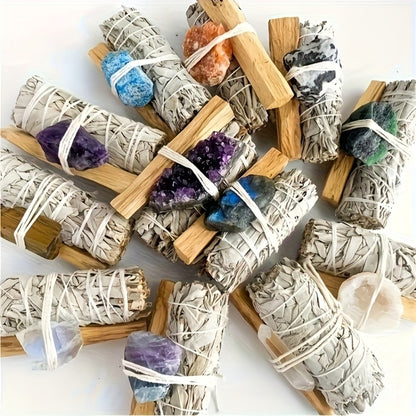 Natural Crystal White Sage Smudge Set for Space Cleansing Home Rituals Meditation Decor Teacher Appreciation Easter Gift Random Crystal