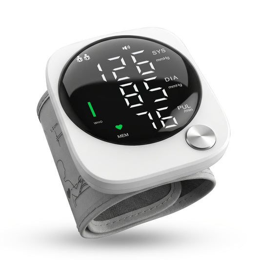 Wrist Blood Pressure Monitor with LCD Screen, Arrhythmia Alarm & Voice Playback – Adjustable Cuff, USB Charging, Gift for Family