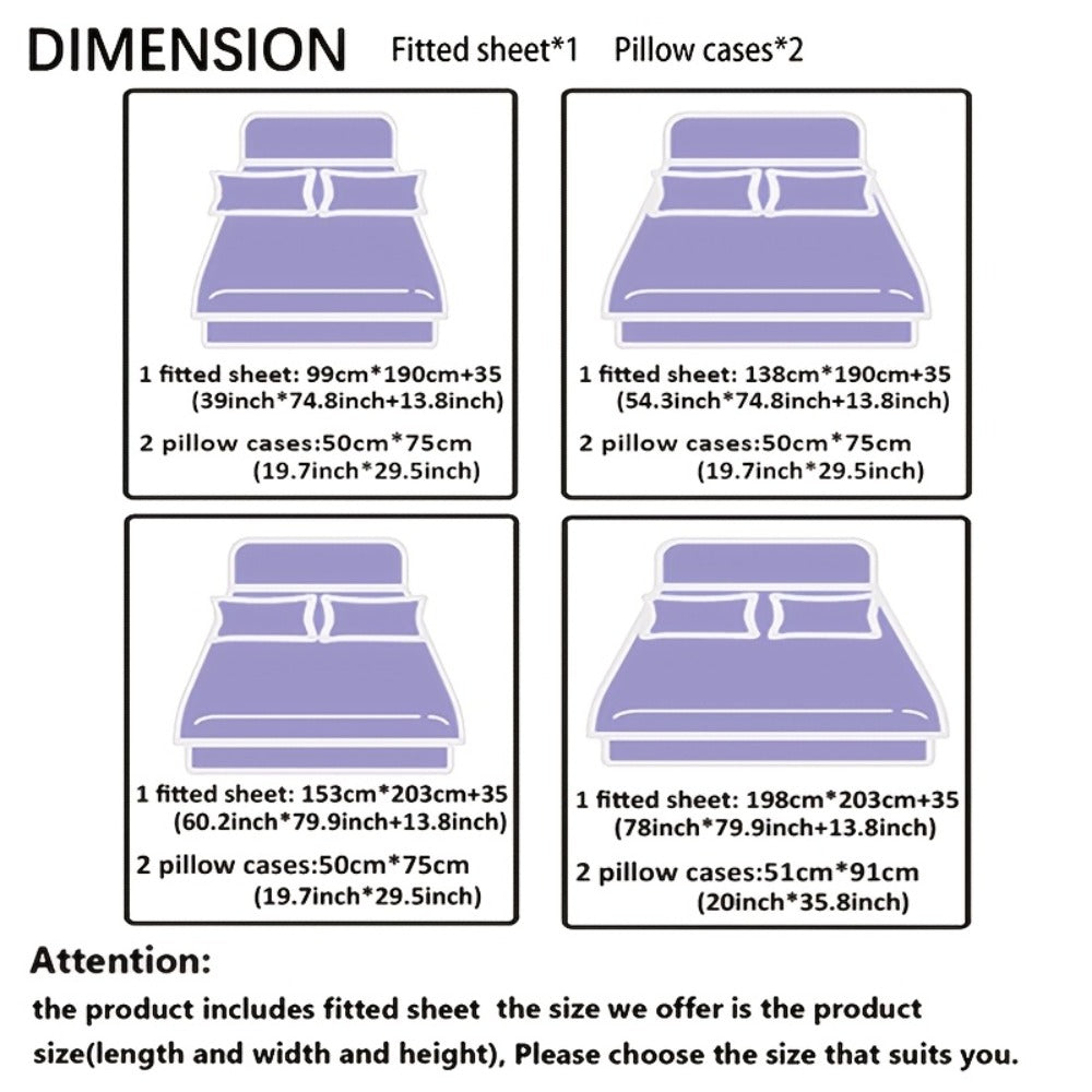 Fitted Sheet Set 3pcs Plaid Digital Print Deep Pocket 15" All Season Bed Sheet + 2 Pillowcases No Filling Twin Full Queen King