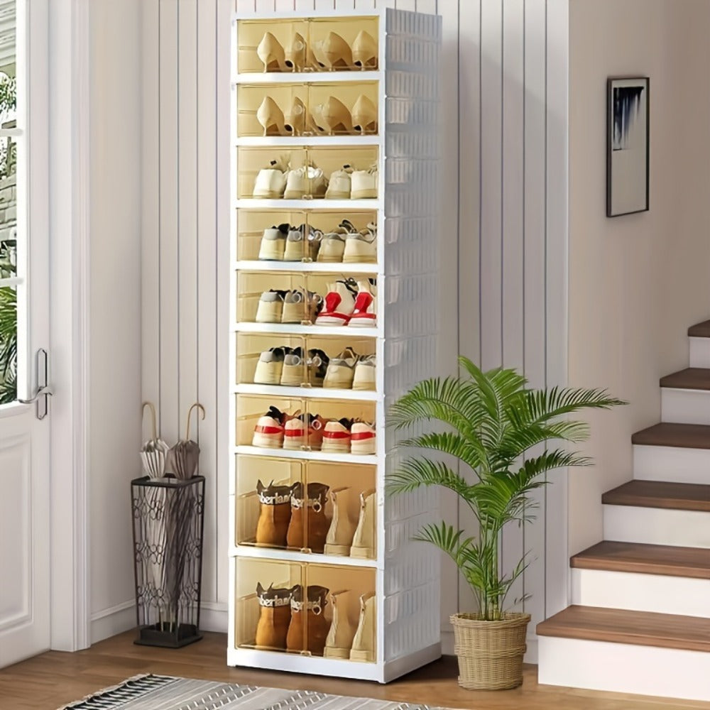 Shoe Rack Organizer 9-Tier, Collapsible Clear Plastic Foldable Stackable Shoe Cabinet with Shelves & Doors — No Assembly, Space-Saving Narrow Storage for Hallway, Apartment & Small Spaces