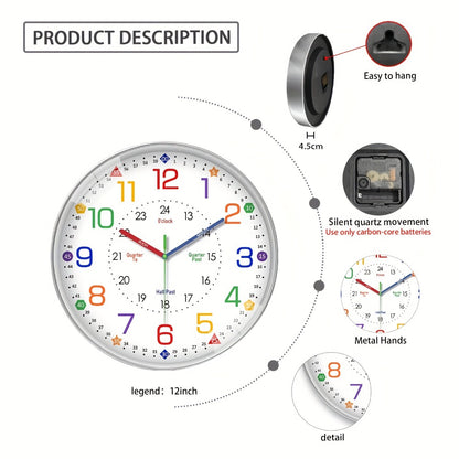 Silent Wall Clock for Classroom & Home | 8/10/12 Inch Color-Coded Educational Teaching Clock, Non-Ticking Japanese Quartz Movement