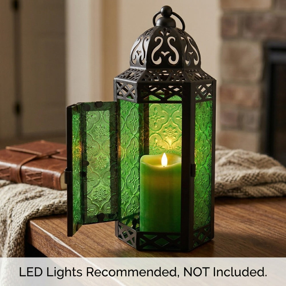 Moroccan Candle Lantern Holder - Decorative Metal & Glass Lantern with Embossed Floral Design for Indoor Home Decor, Garden, Patio, Weddings, Ramadan, Halloween & Holiday Celebrations - 10.5" Tall Medium Size