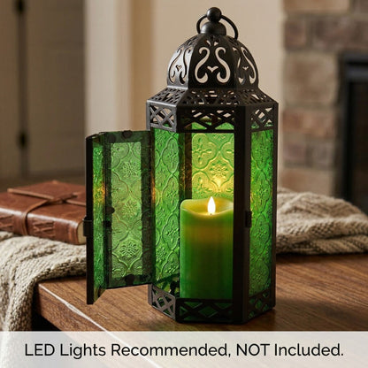 Moroccan Candle Lantern Holder - Decorative Metal & Glass Lantern with Embossed Floral Design for Indoor Home Decor, Garden, Patio, Weddings, Ramadan, Halloween & Holiday Celebrations - 10.5" Tall Medium Size