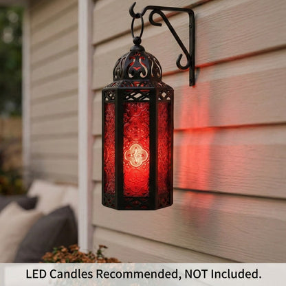 Moroccan Candle Lantern Holder - Decorative Metal & Glass Lantern with Embossed Floral Design for Indoor Home Decor, Garden, Patio, Weddings, Ramadan, Halloween & Holiday Celebrations - 10.5" Tall Medium Size