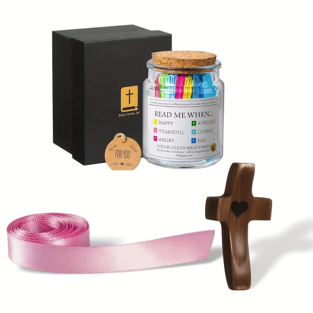 Bible Verse Jar with Handmade Wooden Cross 92 Scripture Cards Christian Gift Set for Women – Easter, Christmas, Birthday, Father’s Day & Graduation