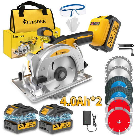 Brushless Circular Saw 5-Inch Kit 6900RPM with Battery & Charger – 45° Bevel Cut, Up to 6 Saw Blades, 2.0AH / 4.0AH Battery Options, Cordless Woodworking Saw for Wood Cutting, Garden & DIY Projects