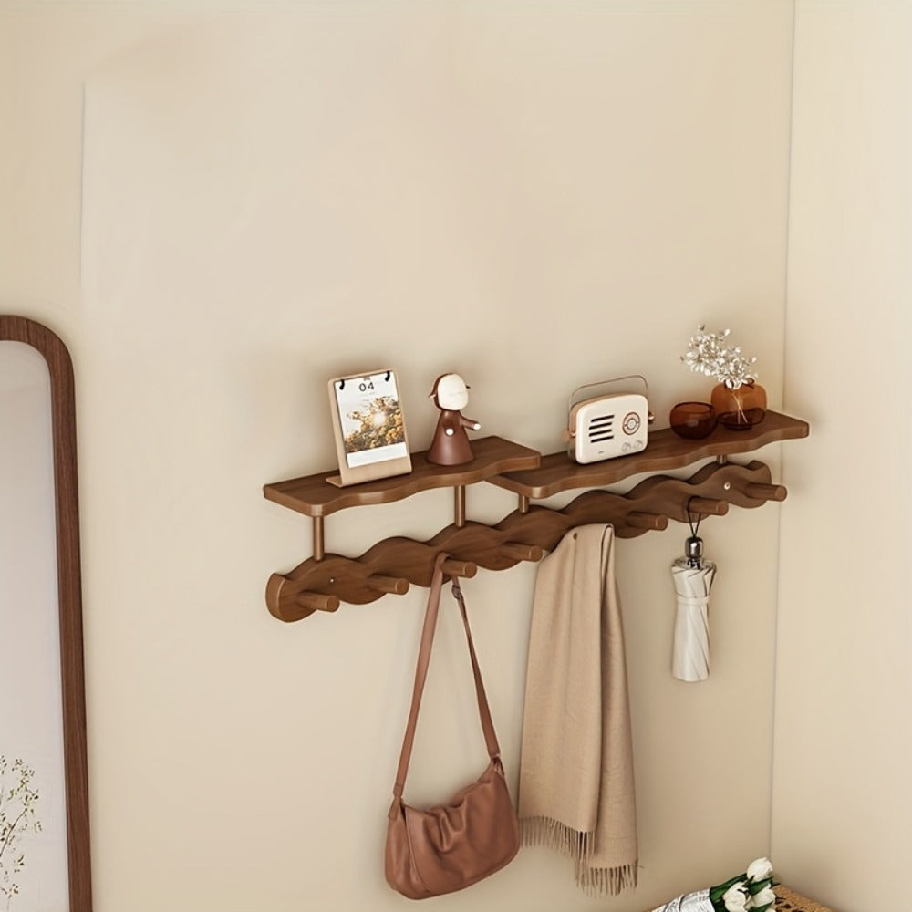 Bamboo Wall Mounted Coat Rack with 8 Hooks, Entryway Coat Hook Rack with Storage Shelf, Space Saving Hallway Organizer for Coats Hats Bags Keys, Modern Wooden Wall Hanger for Bedroom Entrance Living Room