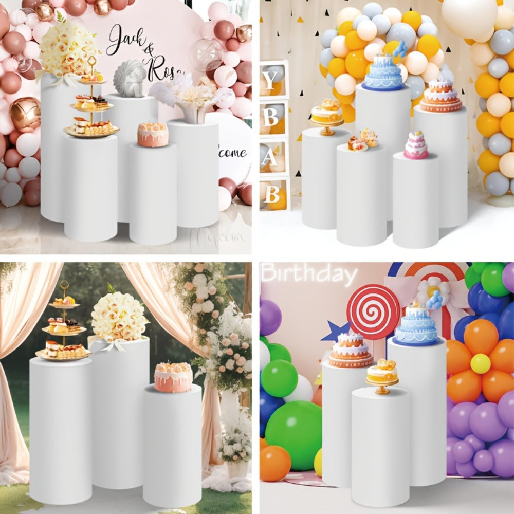 Cylinder Pedestal Stand Covers 5pcs – Stretch Fabric Pillar Covers for Wedding Party Birthday Baby Shower Dessert Table Backdrop Decor White Pink