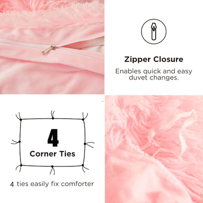 Faux Fur Duvet Cover Set Twin Queen King Super Soft Plush Comforter Cover with Pillowcases Heart Pillow for Kids Teens Machine Washable Bedroom Decor