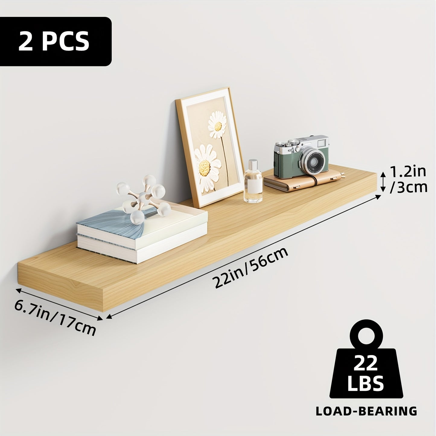 Floating Wall Shelves Set – Wooden Wall-Mounted Shelves for Living Room, Kitchen & Bathroom (2/4/6pcs, 15.7"/19.7"/22")