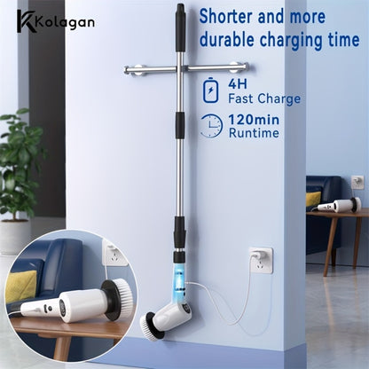 Electric Spin Scrubber 7-in-1 Cordless Rotary Cleaning Brush 7 Interchangeable Heads 3 Speed Settings Adjustable Extension Arm Power Display for Bathroom Shower Tile Grout Kitchen